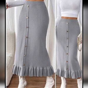 Women Solid Color Ribbed Ruffle Hem Casual Knit Skirt